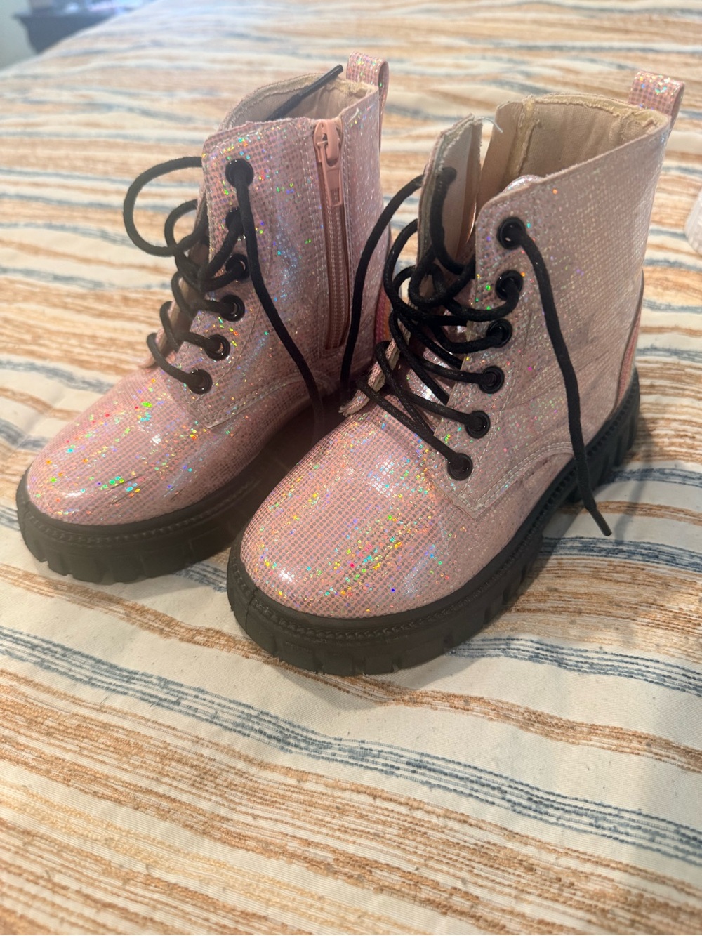 Girls' Sparkle Pink Lace-Up Boots with Side Zip